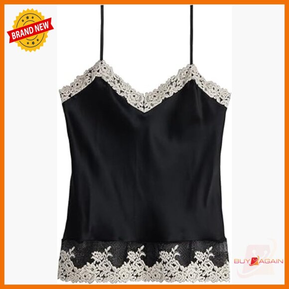 Silk Satin Tank Top with Lace Trim Adjustable Straps Size S
